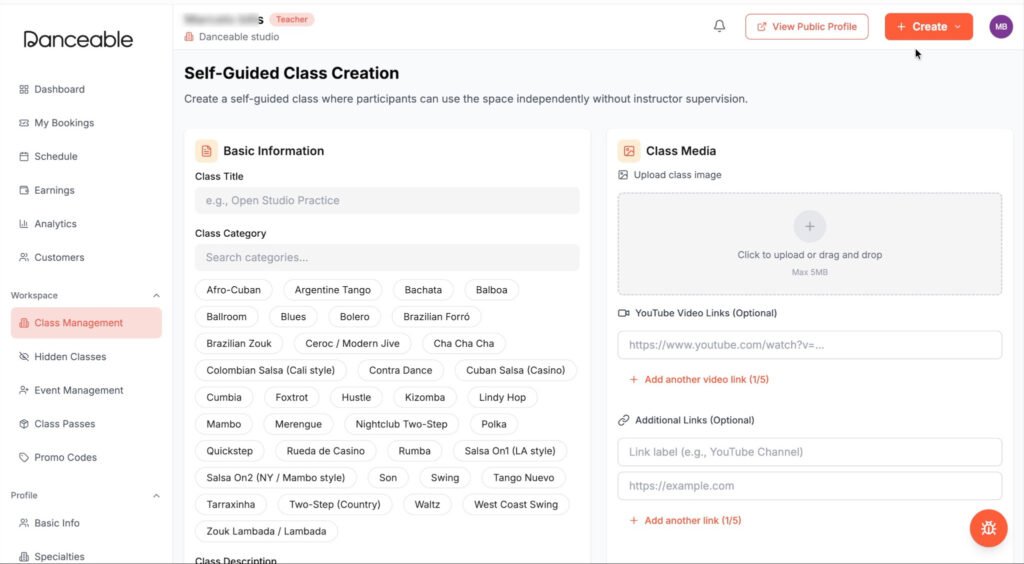 Danceable self-guided class creation page with basic information and media fields.