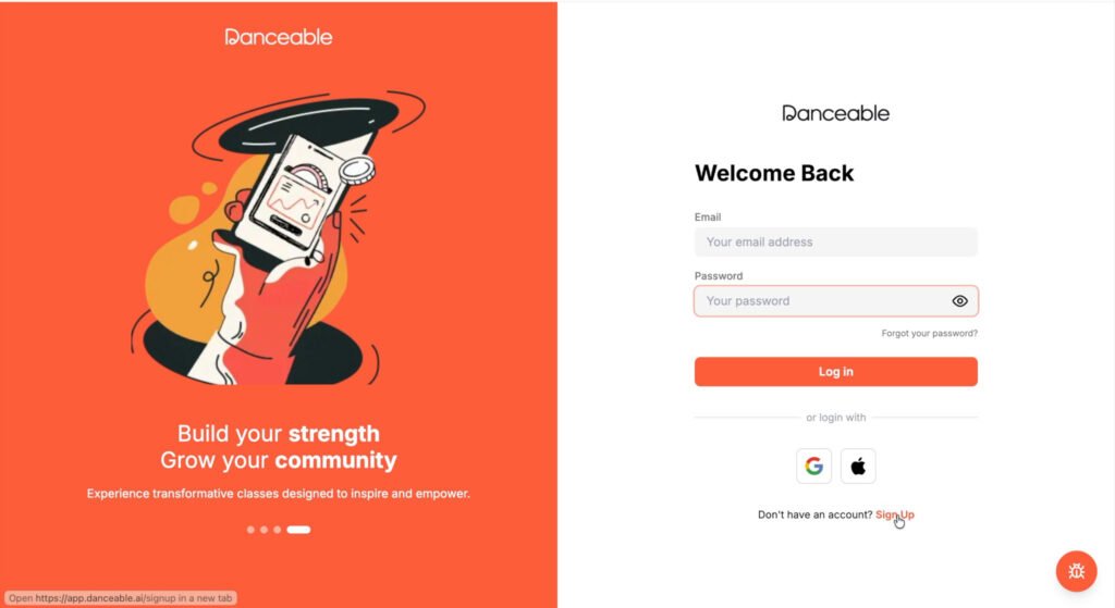 Danceable teacher account creation screen showing profile setup steps.