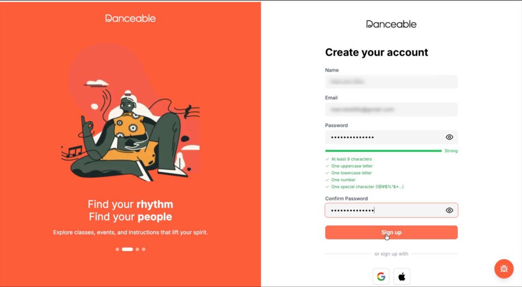 Danceable form for entering a teacher’s name, email address, and password.