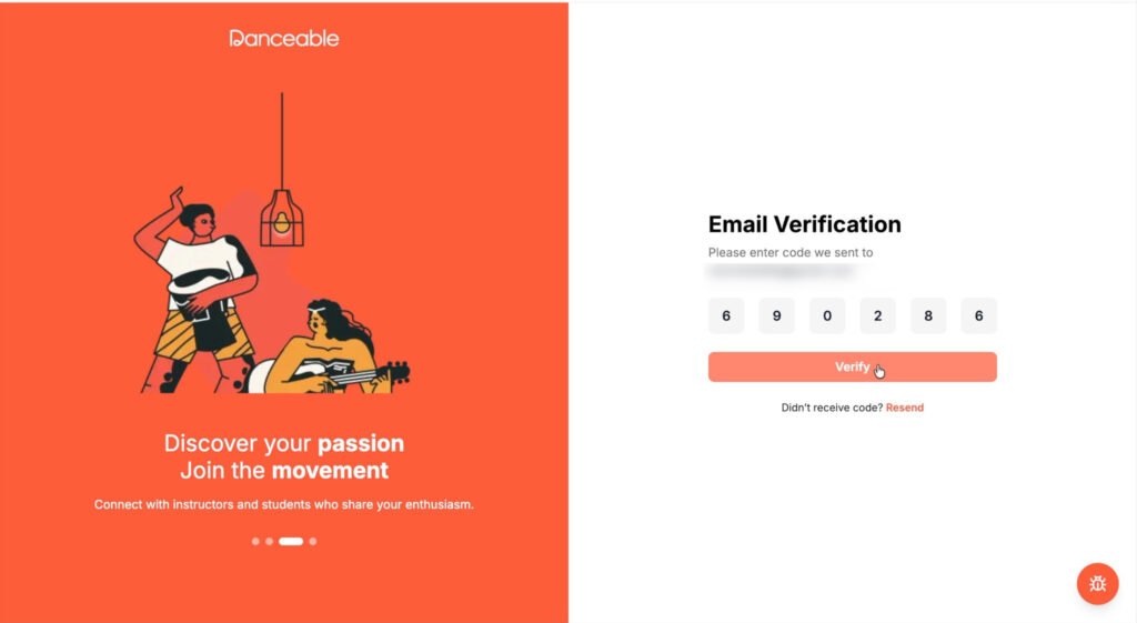 Danceable email verification screen for entering the code sent to a teacher’s inbox.