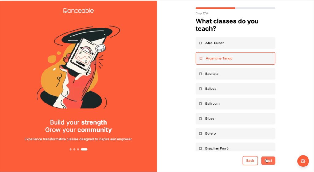 Danceable teacher profile screen for selecting Argentine Tango as the dance style taught.
