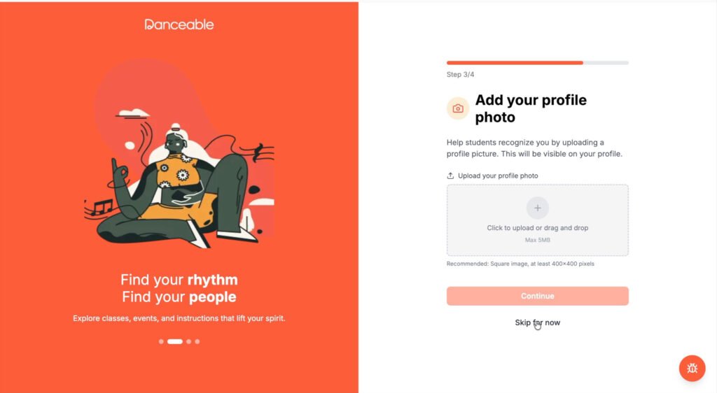 Danceable profile setup screen for uploading or skipping a teacher’s profile photo.