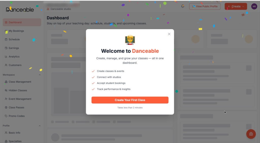 Danceable teacher dashboard displayed after completing the account and professional profile.