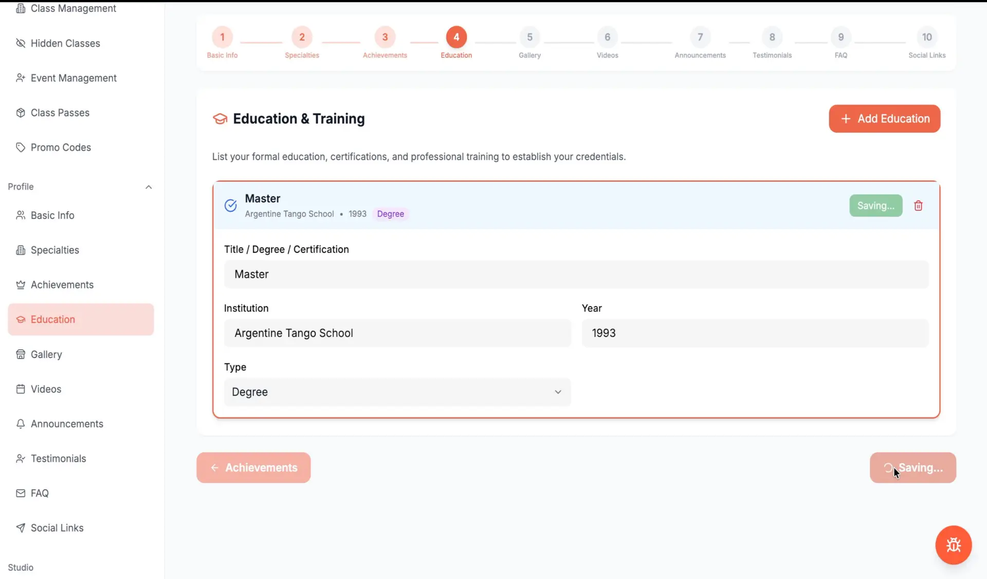 Danceable Education page with fields for a degree or certification, institution, year, and type.