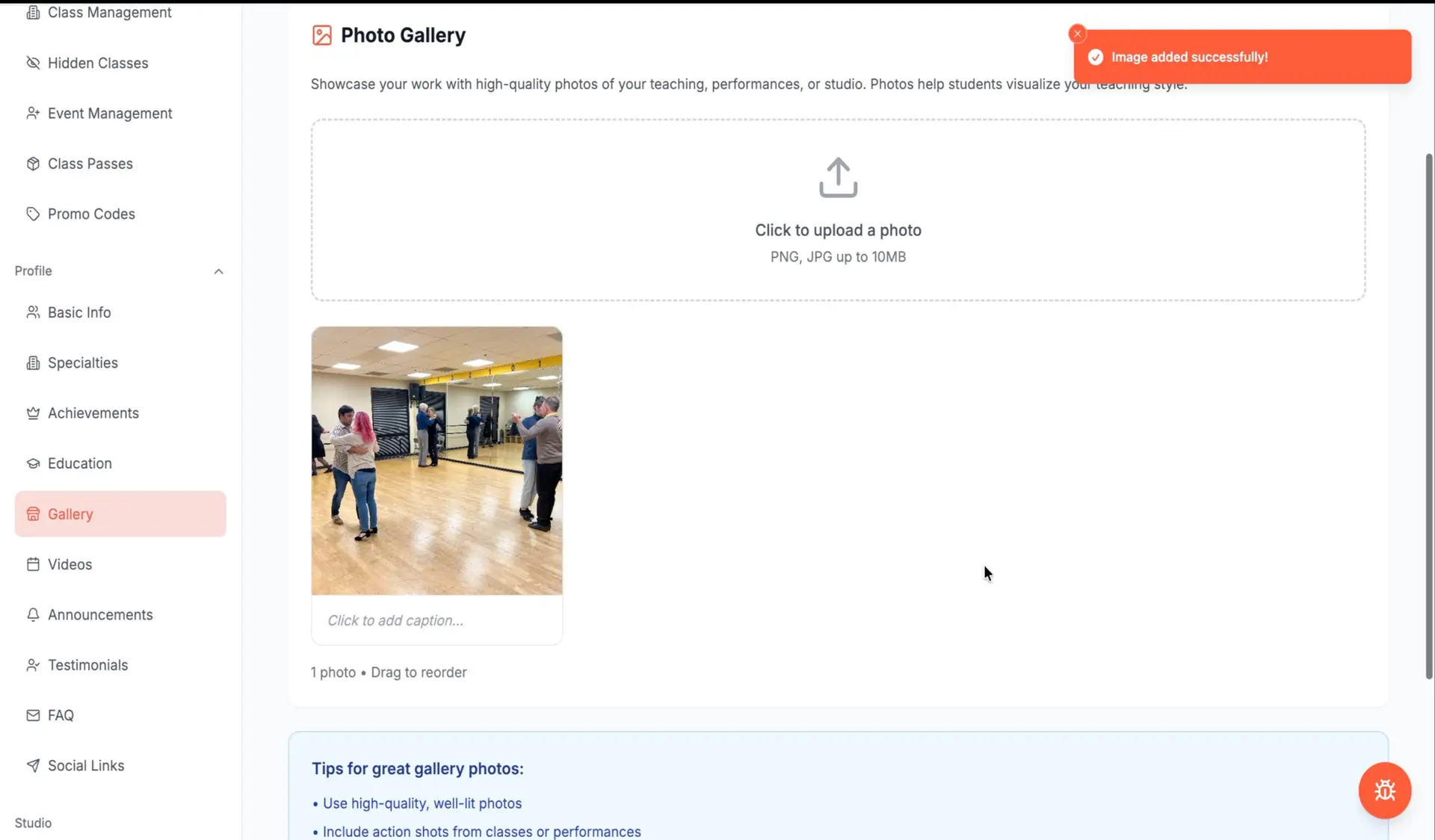 Danceable Photo Gallery showing an uploaded class photo, caption field, and photo upload area.
