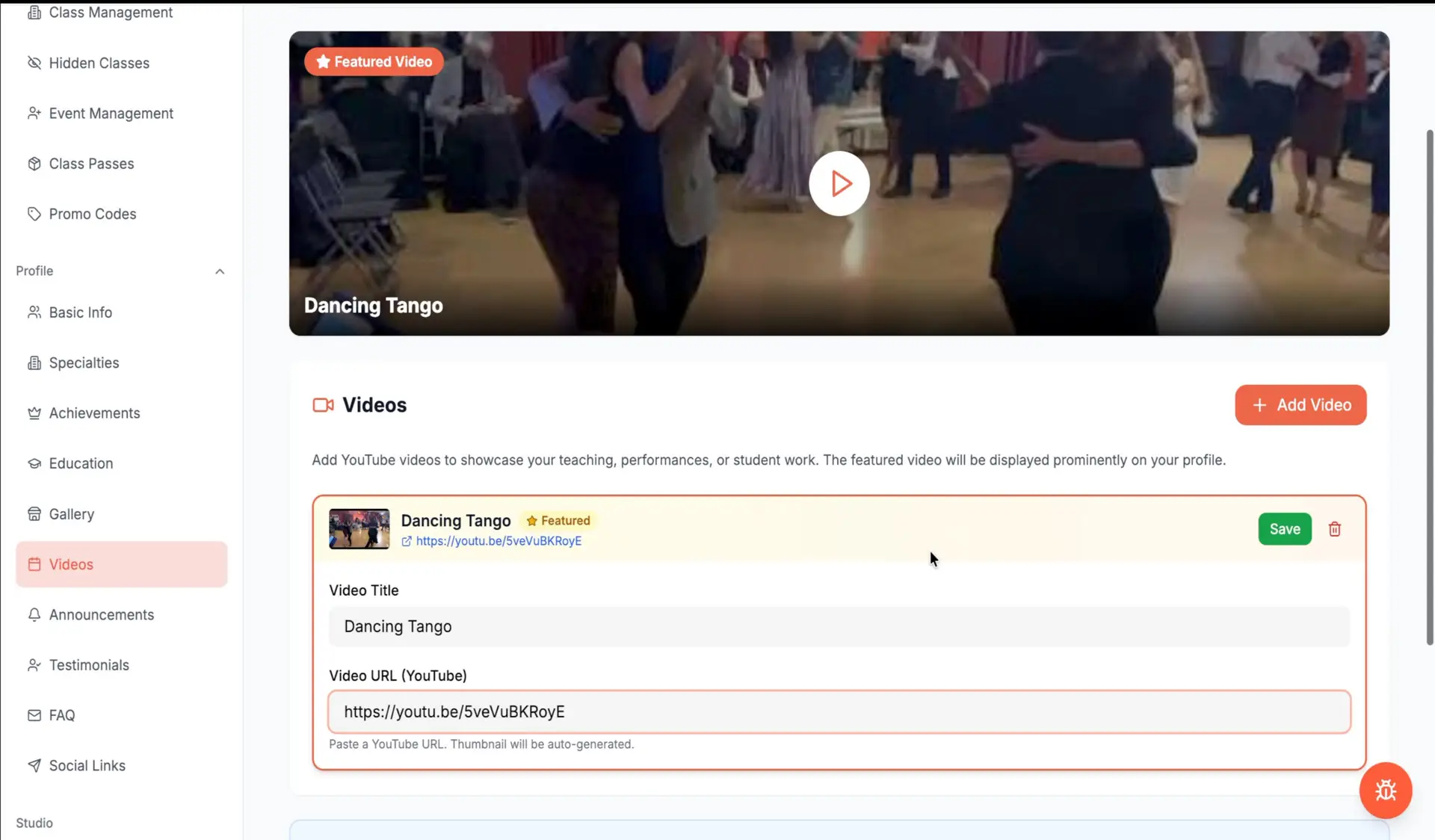Danceable Videos page showing a featured Tango video with title, YouTube URL, and save button.