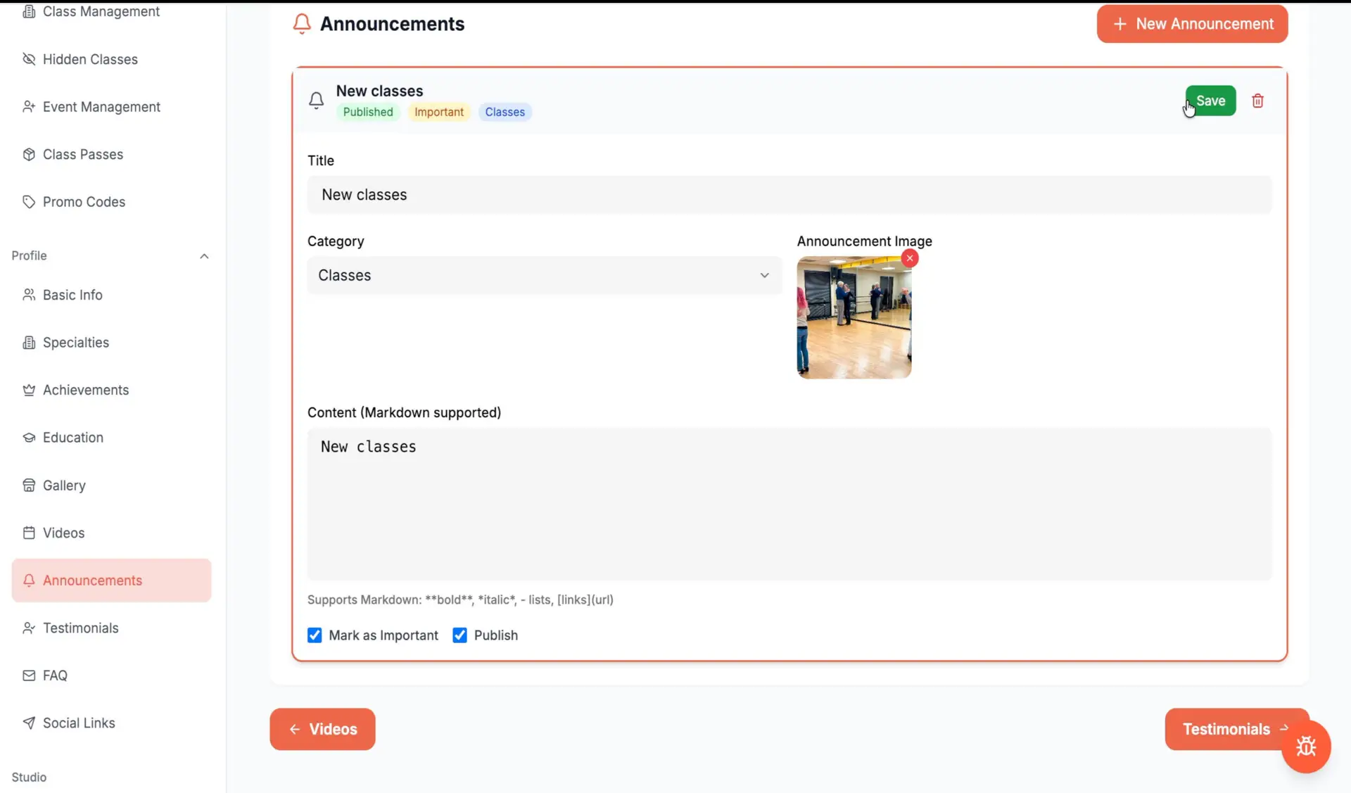 Danceable Announcements page with fields for title, category, image, content, and publishing options.