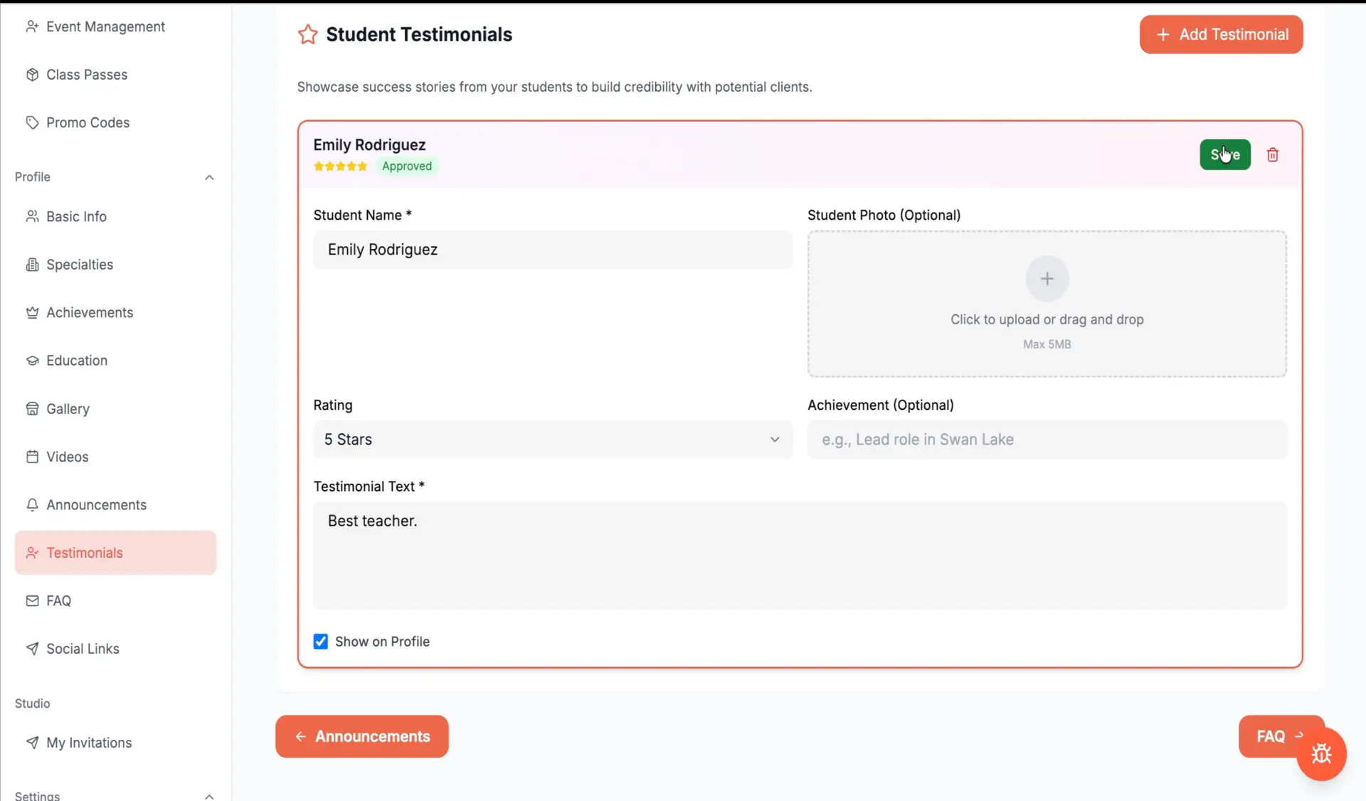 Danceable Student Testimonials page with fields for name, rating, photo, achievement, and review.