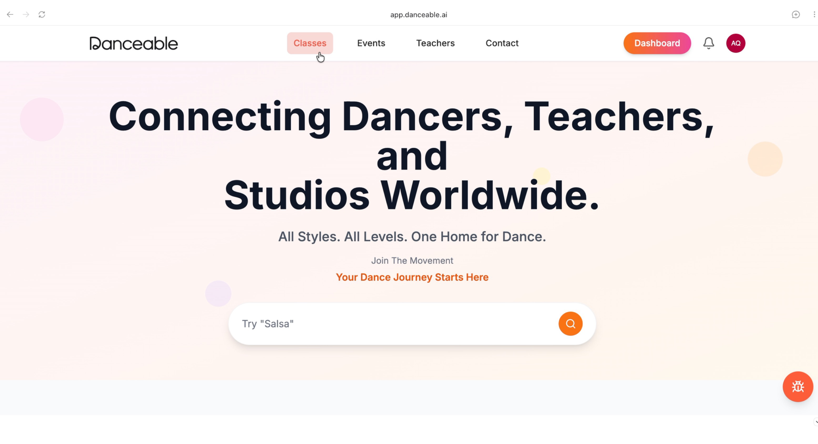Danceable account showing the Classes navigation menu