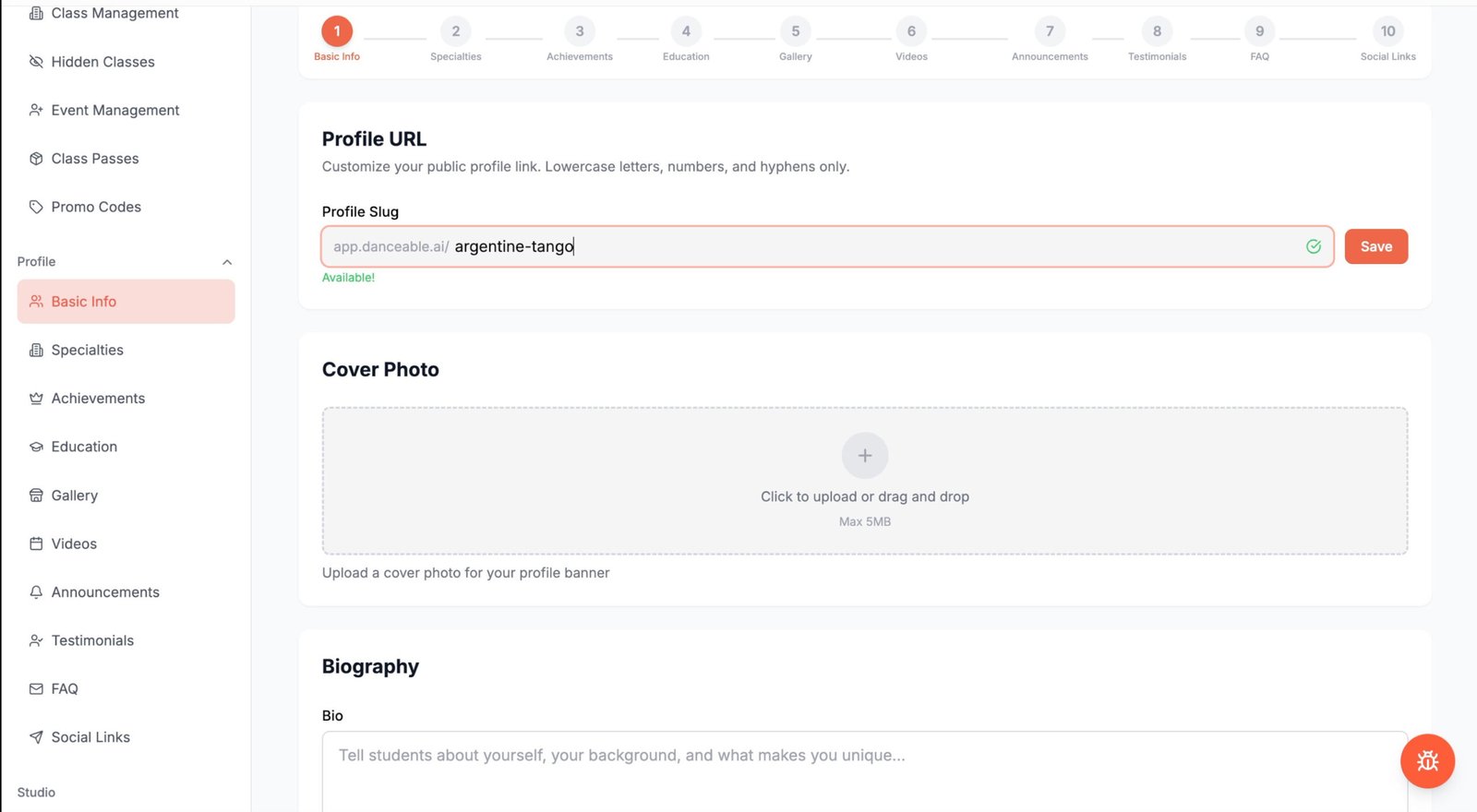 Danceable profile setup showing the profile URL, cover photo upload, and biography sections.