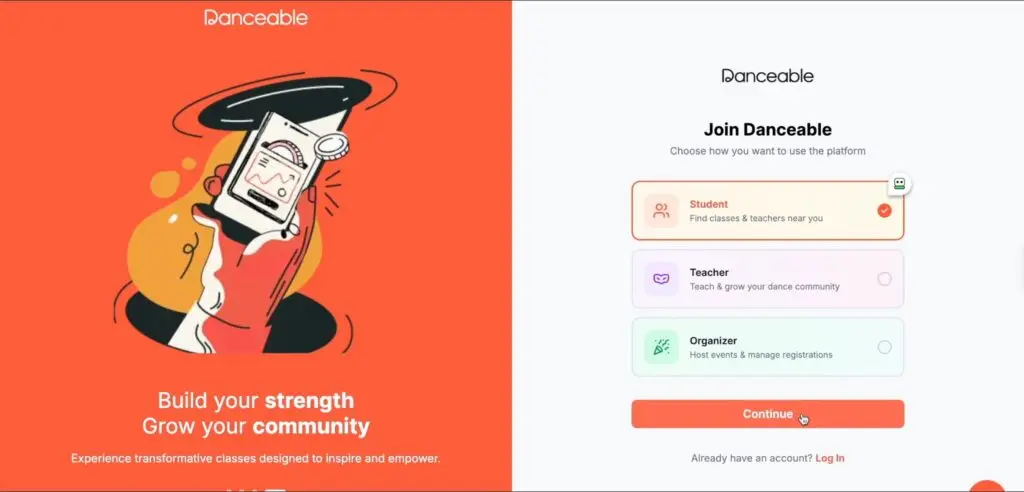 Danceable sign-up screen with the Student account option selected.