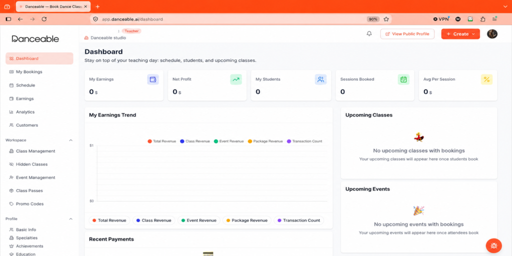 Danceable account dashboard.