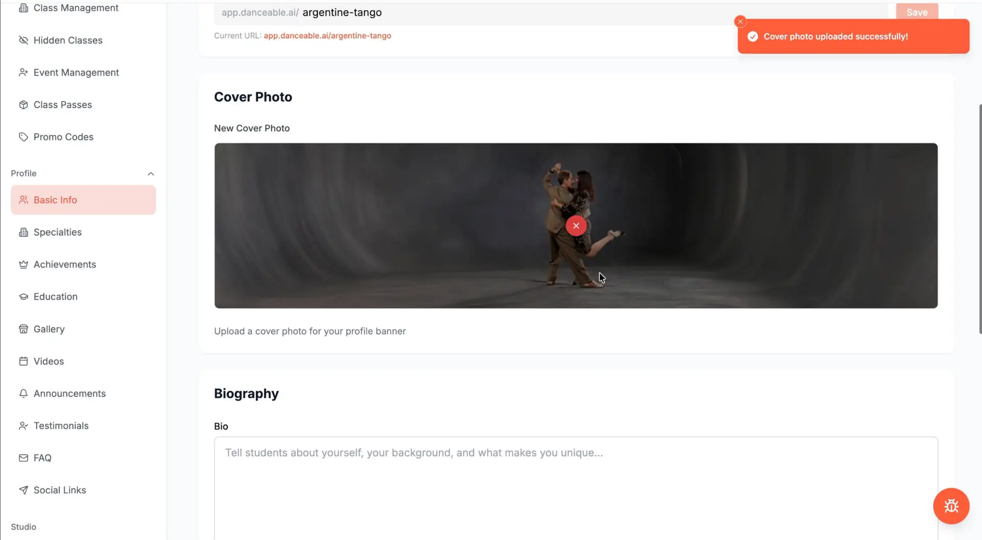 Danceable profile editor showing a successfully uploaded cover photo of a Tango couple.