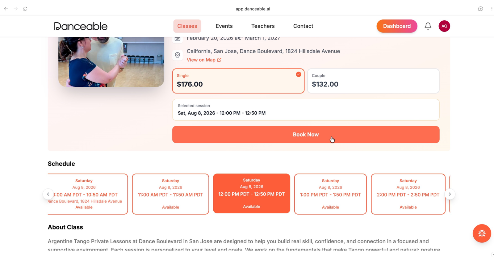 Danceable booking page showing the selected private lesson and Book Now button