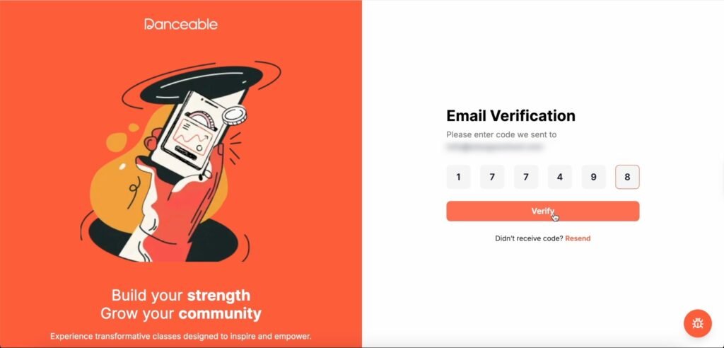 Danceable email verification screen with a six-digit confirmation code.