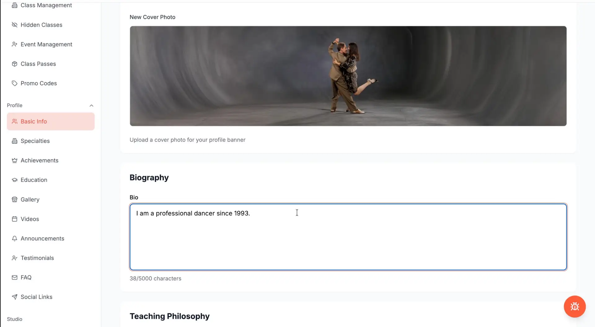 Danceable profile editor showing a professional biography entered beneath the cover photo.