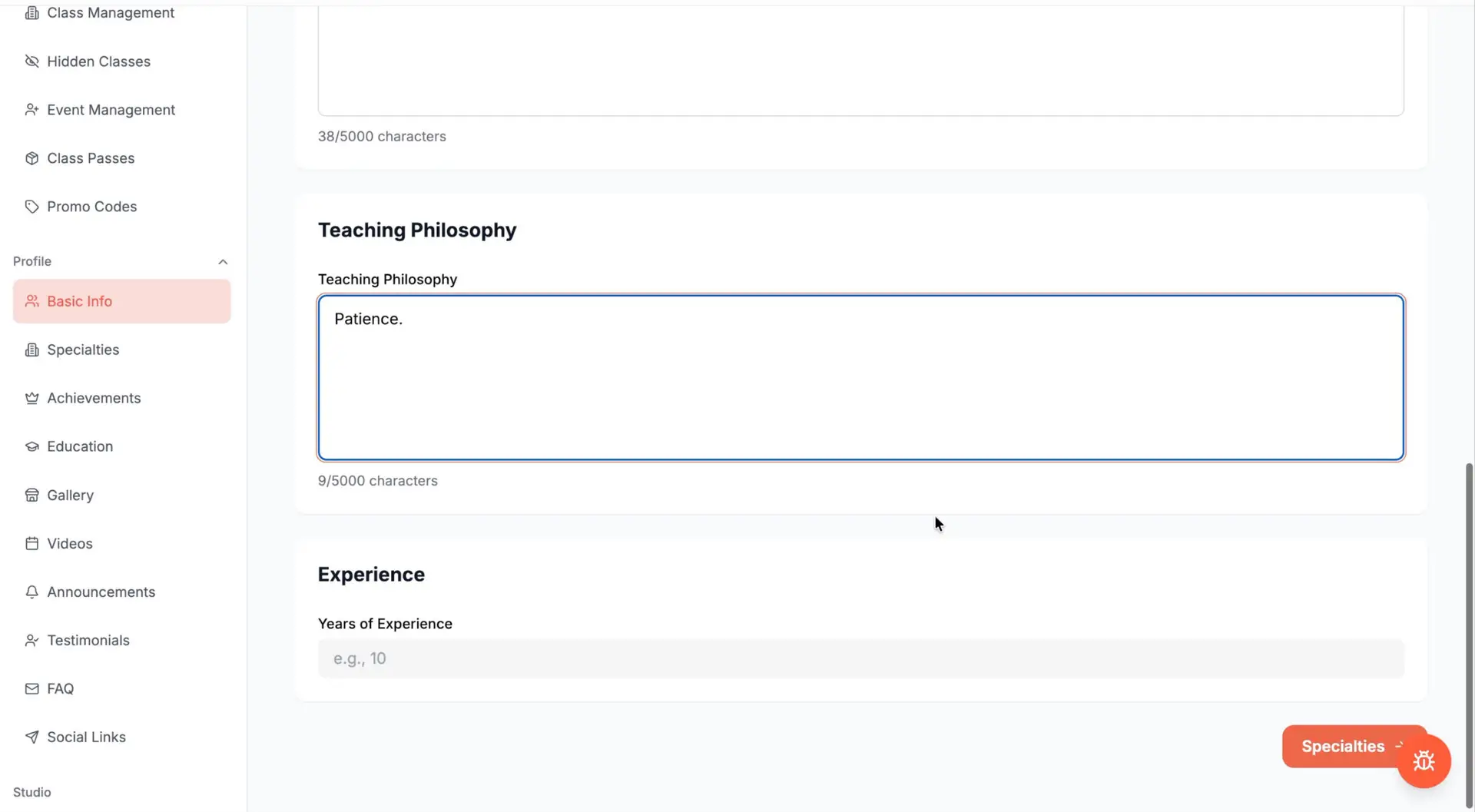 Danceable profile editor showing fields for teaching philosophy and years of experience.