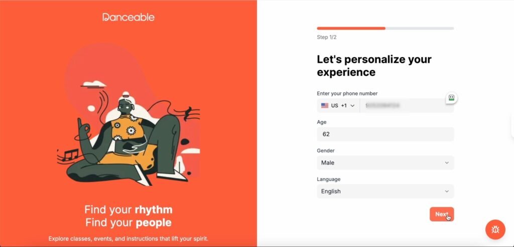 Danceable student profile form for phone number, age, gender, and language.