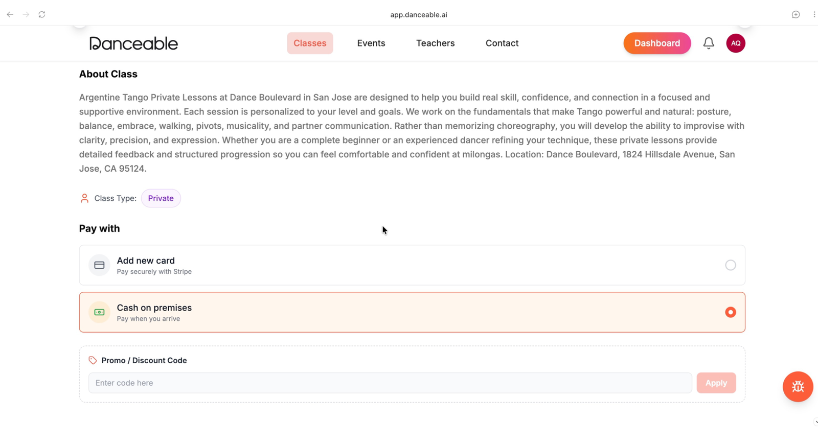 Cash payment selected with the promotional-code field on Danceable