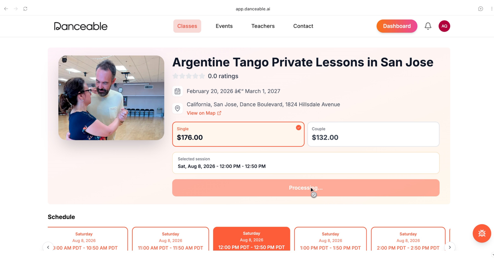 Danceable processing the private lesson reservation