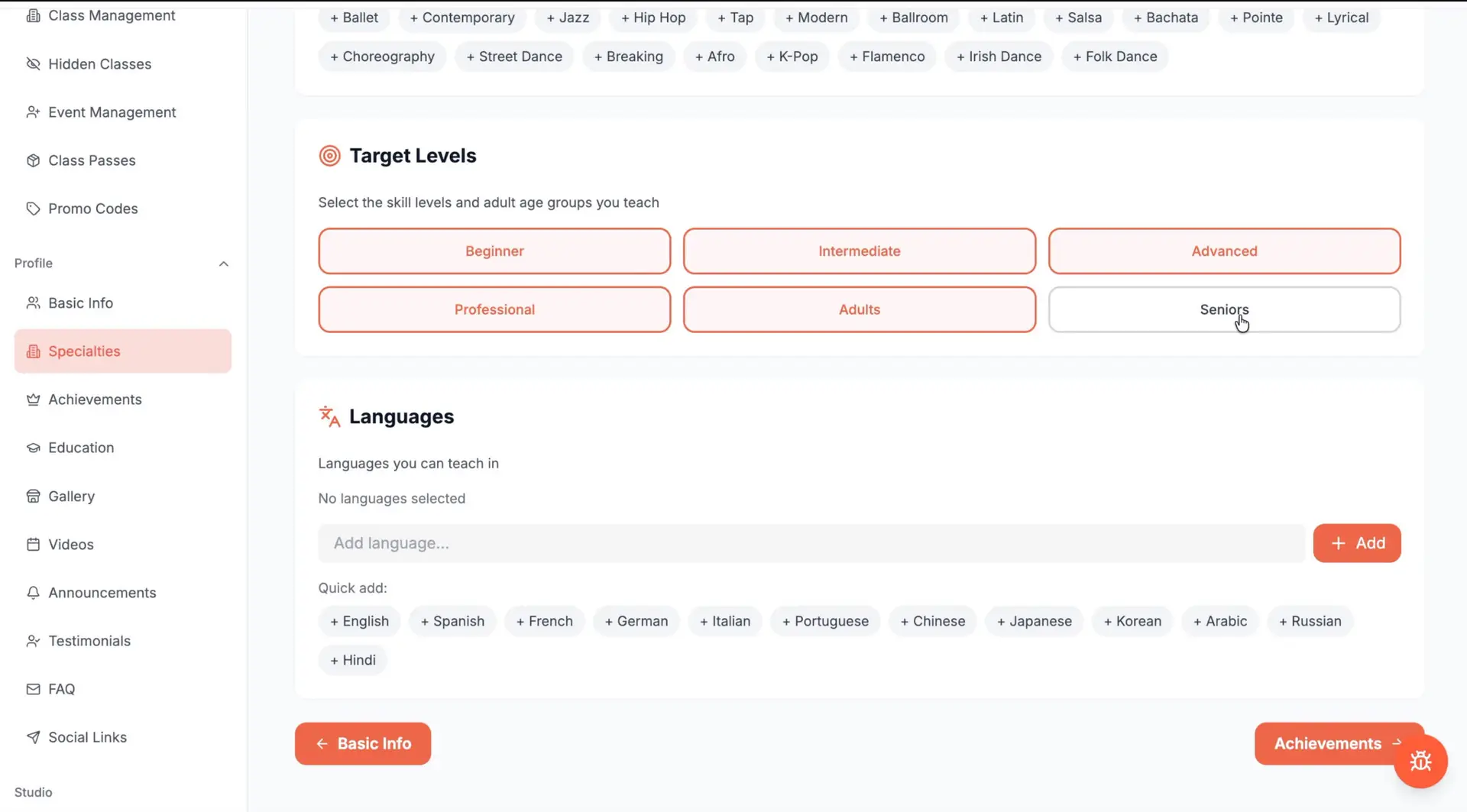Danceable Specialties page for selecting target levels, age groups, and teaching languages.