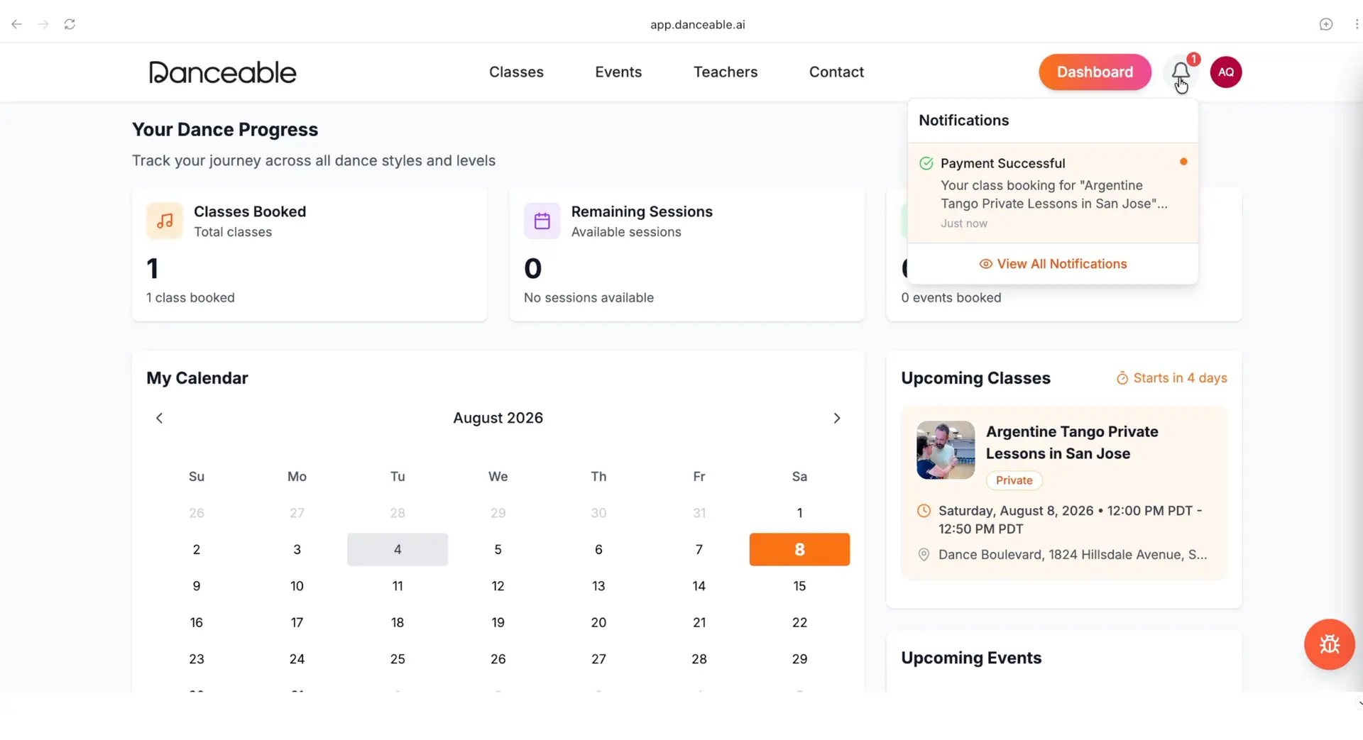 Danceable dashboard showing a successfully booked Argentine Tango private lesson