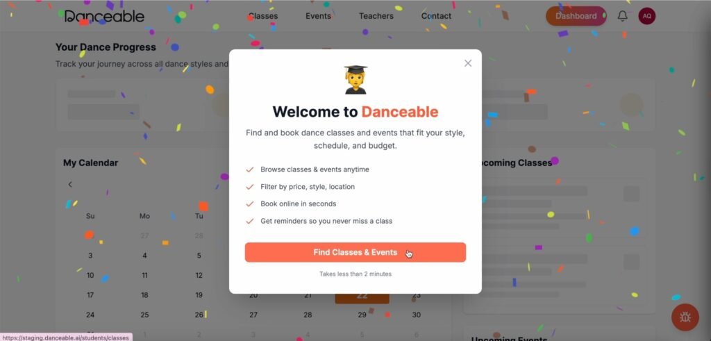 Danceable welcome screen after student account setup is complete.