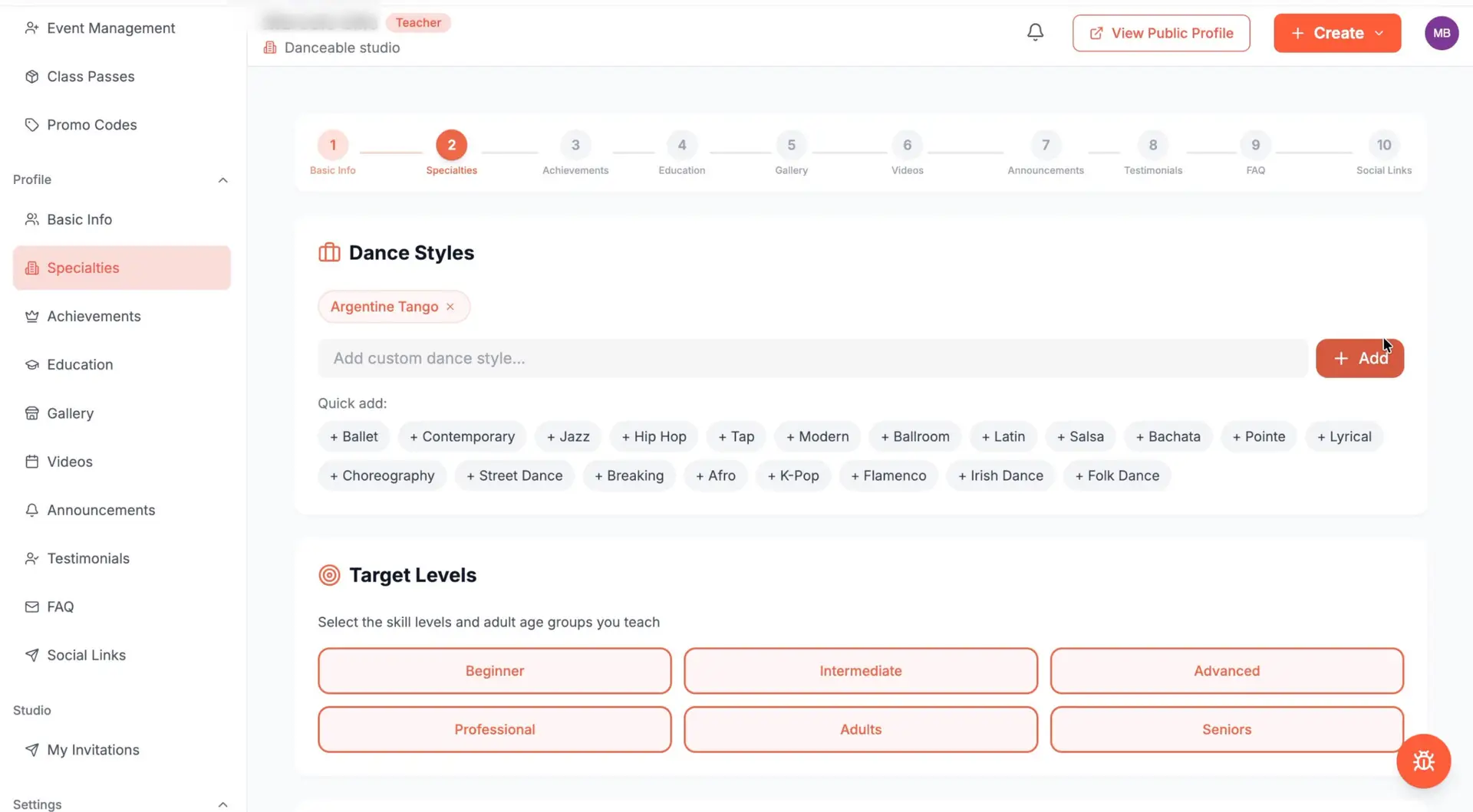 Danceable Specialties page showing Argentine Tango as the selected dance style and target levels.