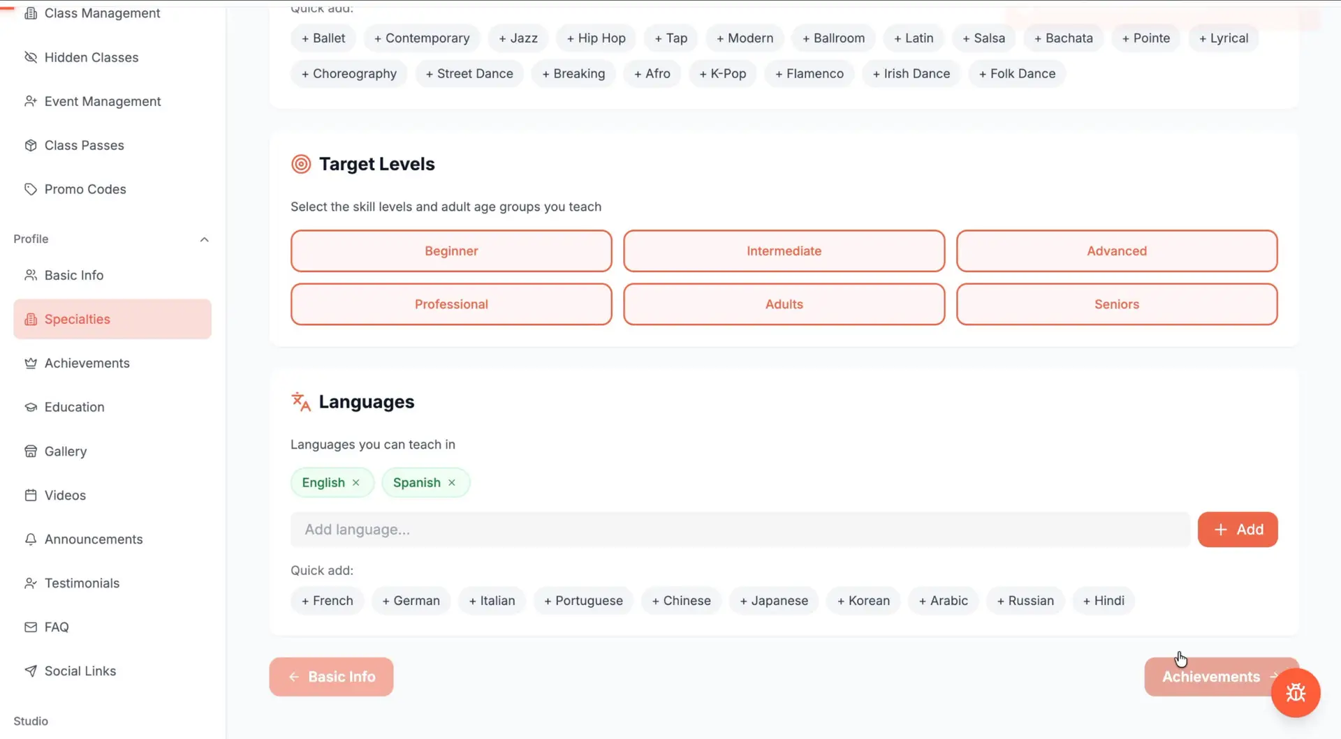 Danceable Specialties page showing selected target levels and English and Spanish teaching languages.