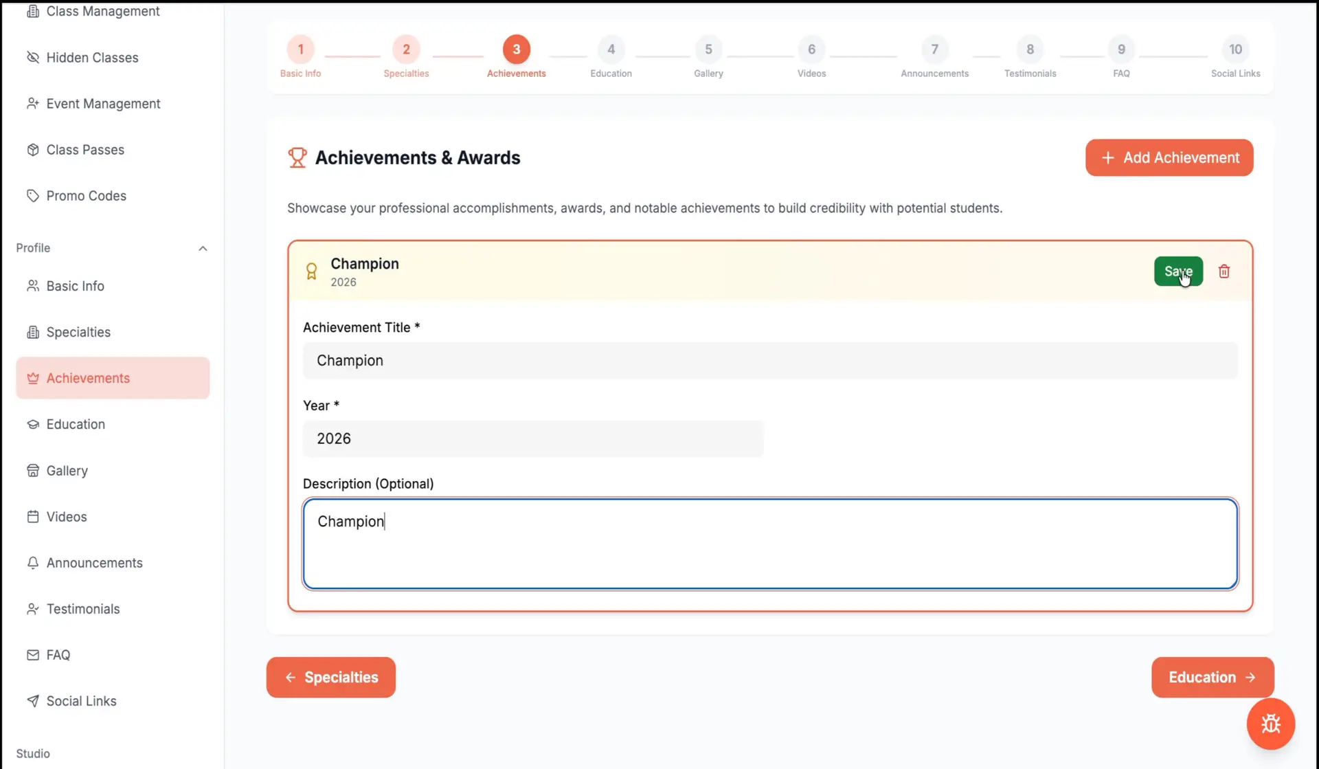 Danceable Achievements page with fields for an award title, year, description, and save button.