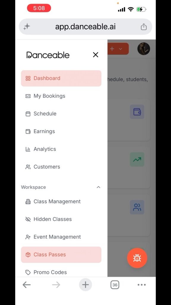 Danceable navigation menu with Class Passes highlighted.