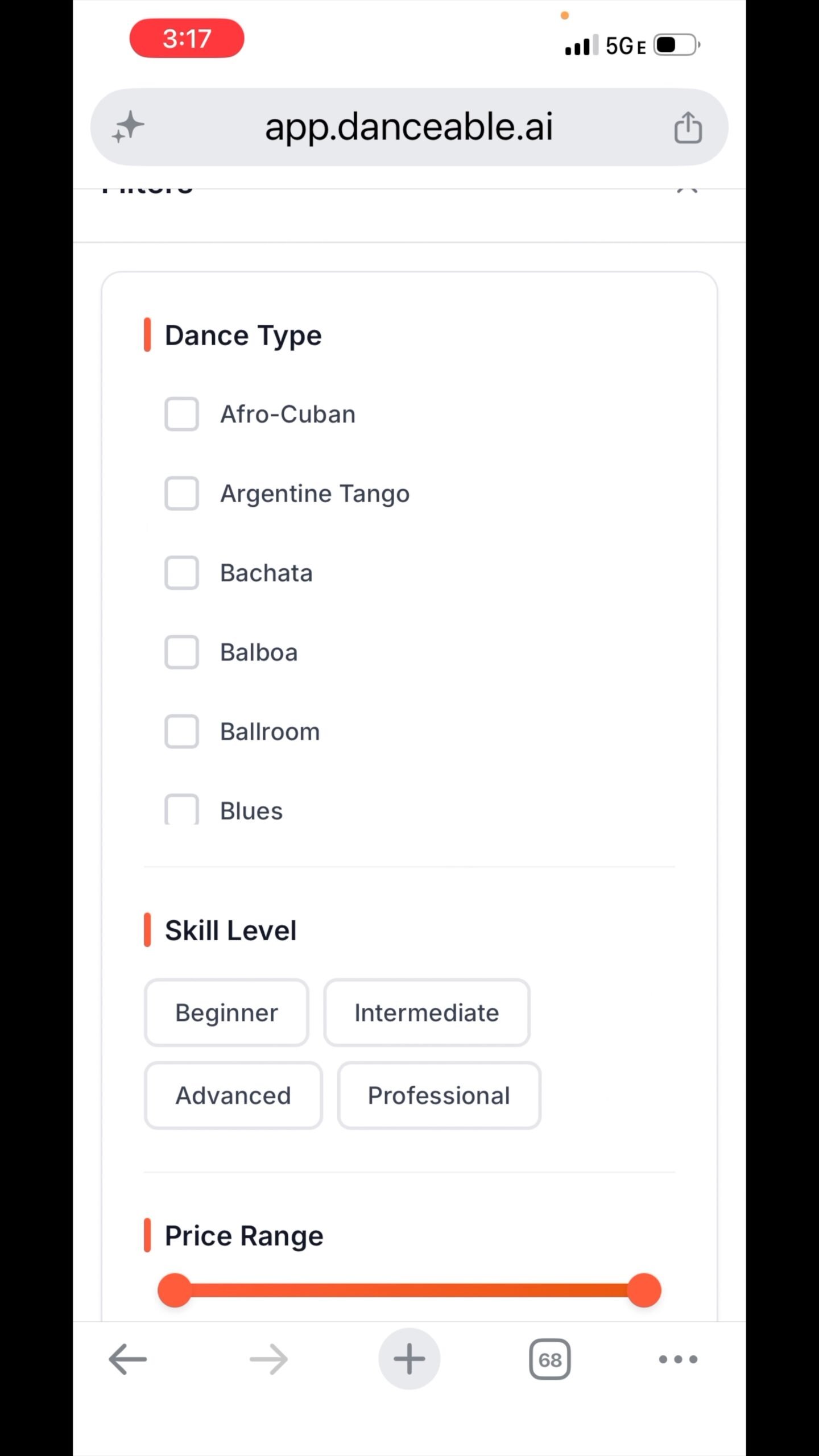 Danceable filters showing dance types, skill levels, and the price range slider.