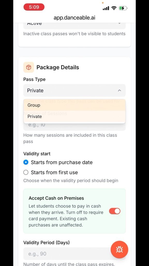 Package Details with the Private pass type selected.