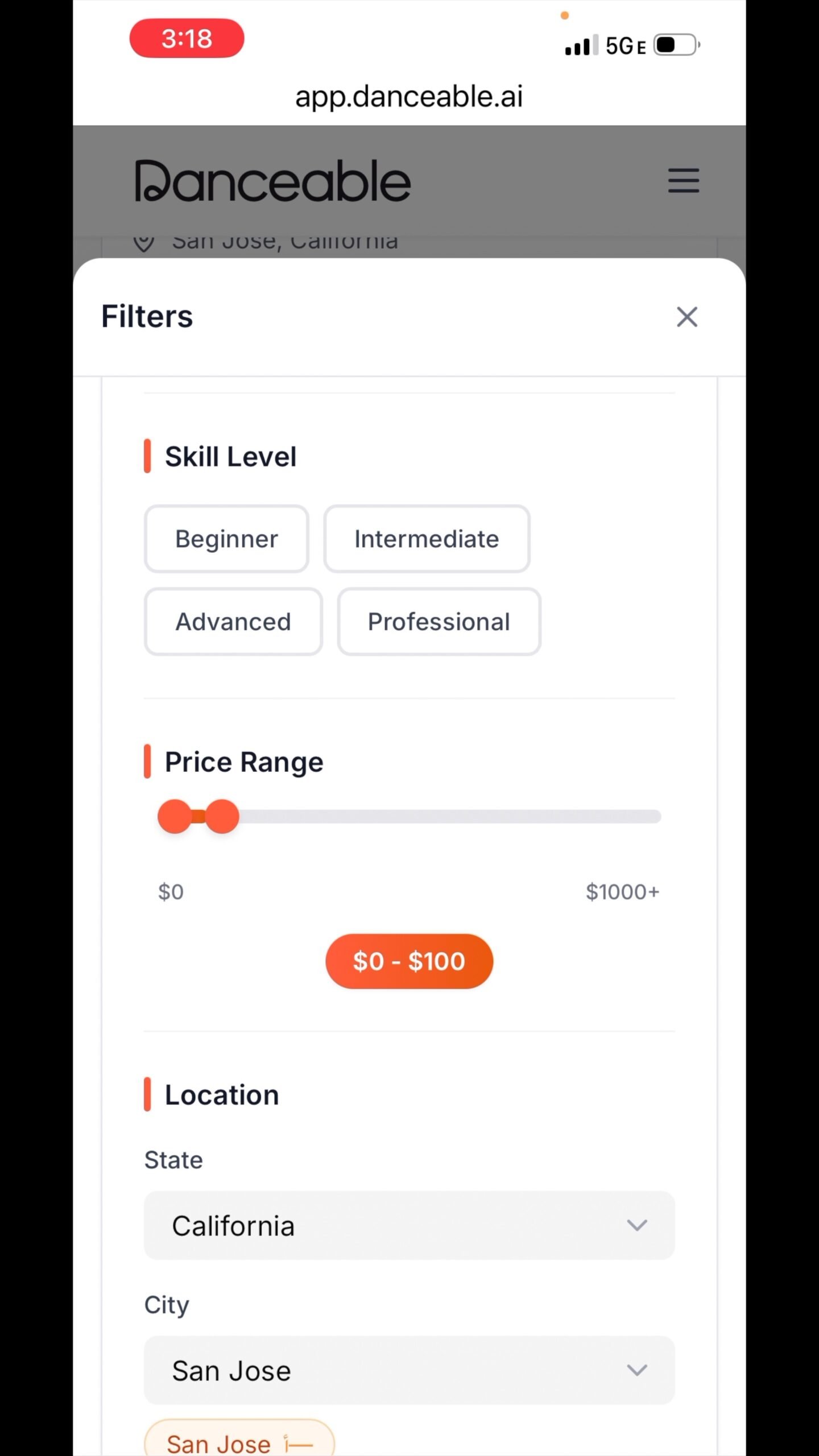 Danceable filters set to $0–$100 and San Jose, California.