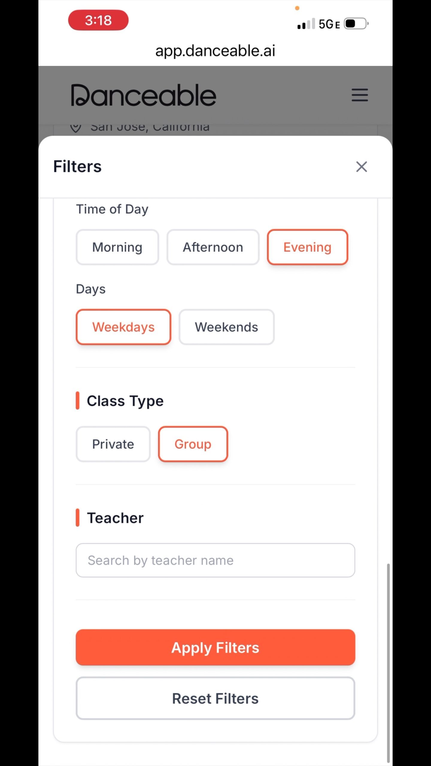 Danceable filters set to Evening, Weekdays, and Group, with the Apply Filters button.