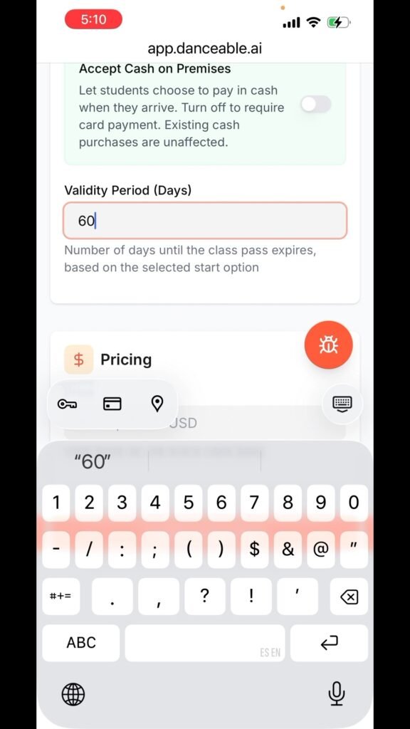 Cash payments disabled and validity set to 60 days.