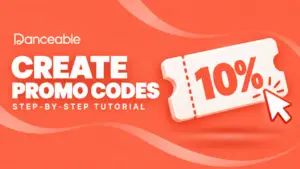 Danceable promo code tutorial with a 10% discount coupon on a coral-orange background.